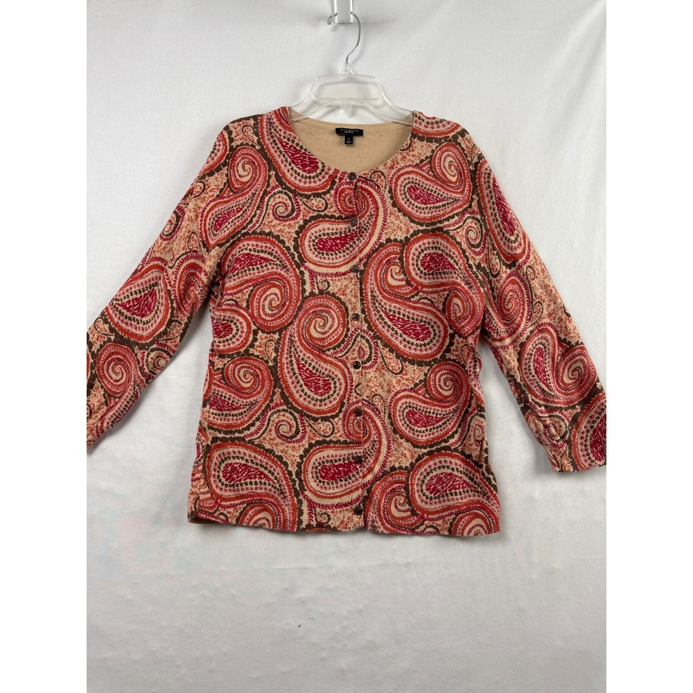Talbots Paisley Cardigan Women Small Tan Red Brown 100% Cotton Button Front Knit
